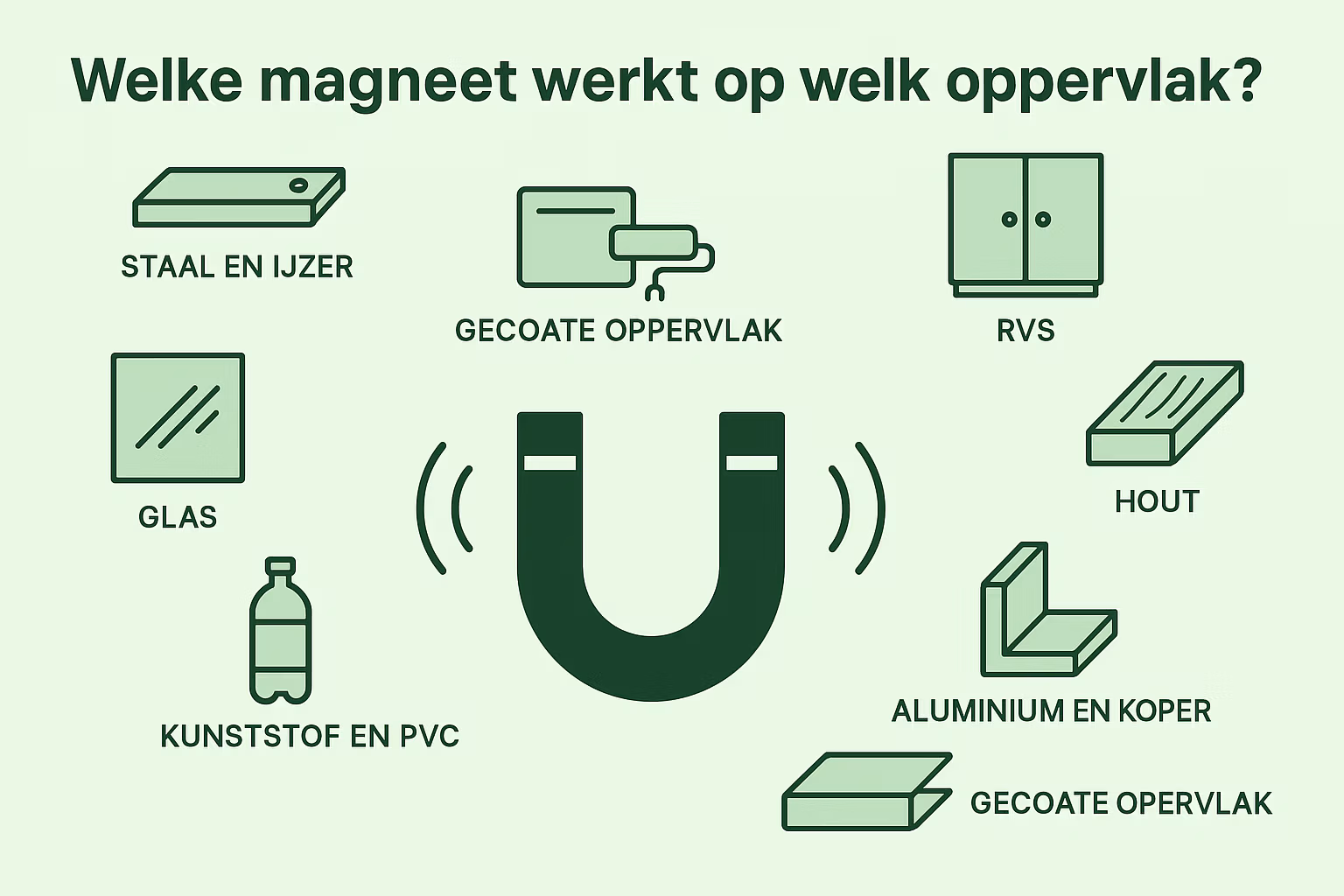 Illustratie die laat zien welke magneten werken op verschillende oppervlakken zoals staal, RVS, hout, glas, kunststof en aluminium – uitleg over magnetisch geschikte ondergronden door MagneetjesWinkel.nl