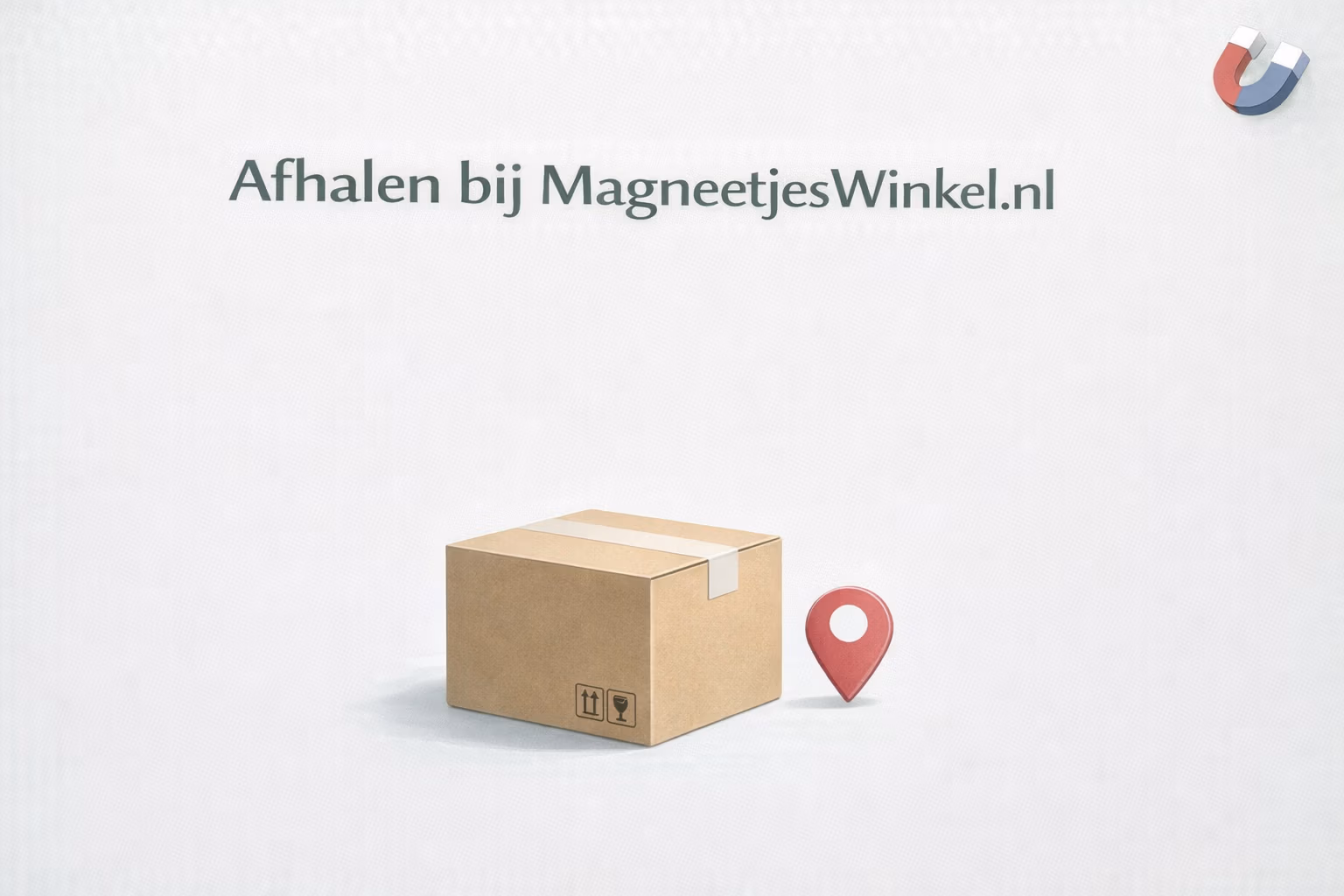 Illustratie van een pakket en locatie-icoon om afhalen bij MagneetjesWinkel.nl visueel te ondersteunen