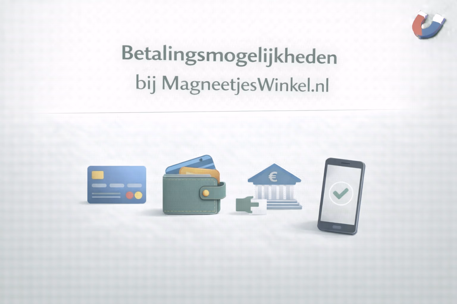 Overzicht van betaalwijze-iconen zoals creditcard, pinpas en mobiel betalen ter illustratie van de betalingsmogelijkheden bij MagneetjesWinkel.nl