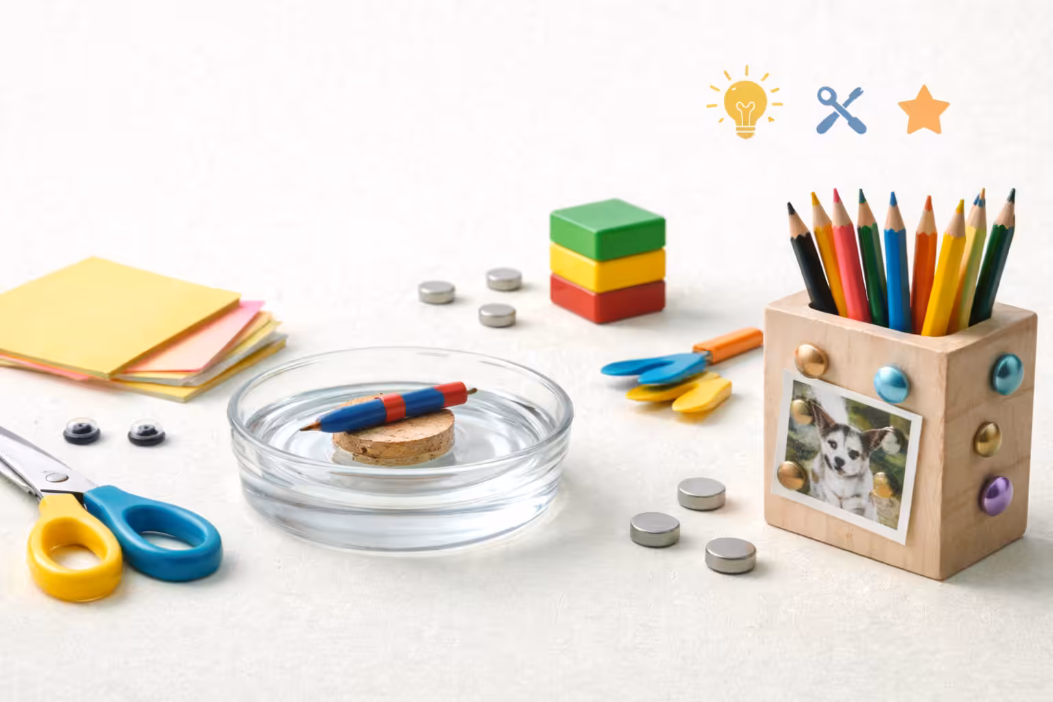 Creatieve proefjes en ideeën met magneten, zoals een zelfgemaakt kompas en magnetische knutselprojecten