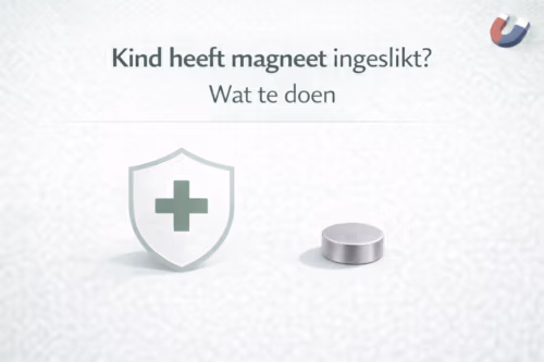 Illustratie van een medisch symbool en een magneet als visuele gids voor wat te doen als een kind een magneet inslikt – MagneetjesWinkel.nl