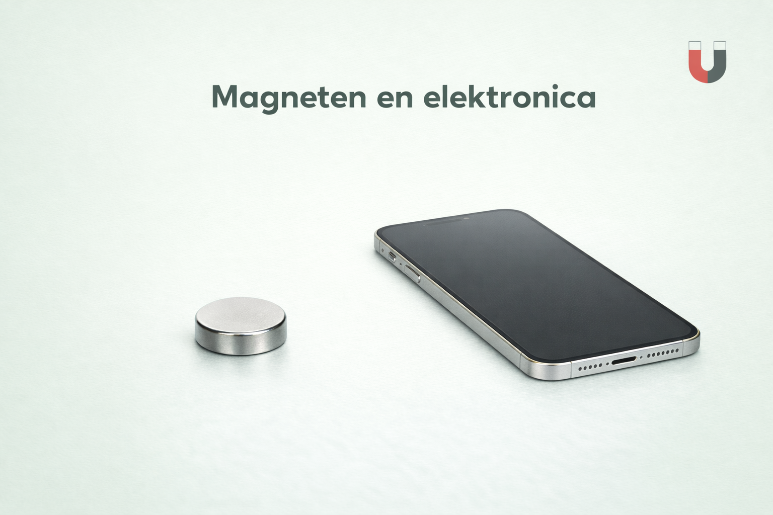 Neodymium magneet in de buurt van een modern elektronisch apparaat om de relatie tussen magneten en elektronica uit te leggen â MagneetjesWinkel.nl