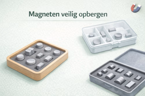 Netjes opgeborgen magneten in een niet-magnetische opbergdoos als voorbeeld van magneten veilig opbergen – MagneetjesWinkel.nl