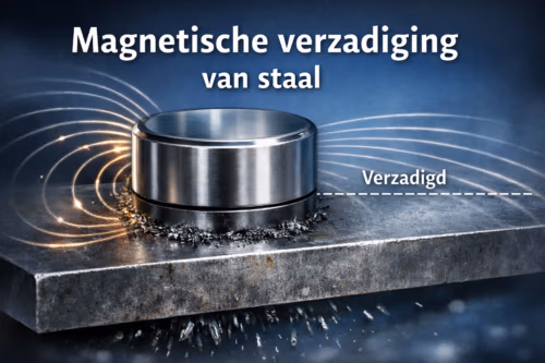 Magnetische verzadiging van staal zichtbaar bij een sterke magneet op een stalen plaat – uitleg door MagneetjesWinkel.nl