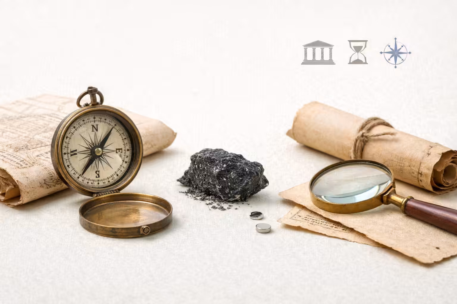 Historisch kompas, magneetsteen en oude kaarten bij uitleg over het ontstaan en de geschiedenis van magneten