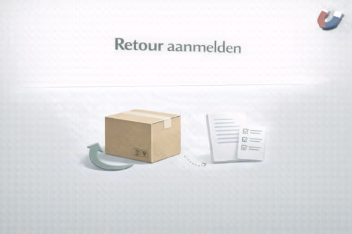 Illustratie van een pakket met retourpijl ter ondersteuning van het retourenformulier van MagneetjesWinkel.nl