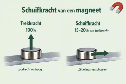 Illustratie die het verschil toont tussen trekkracht en schuifkracht van een magneet op staal