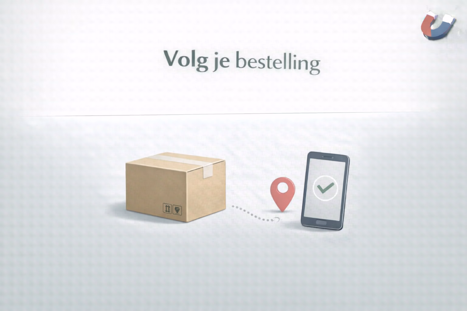 Illustratie van een pakket met een volg- en locatie-icoon ter ondersteuning van het volgen van een bestelling bij MagneetjesWinkel.nl