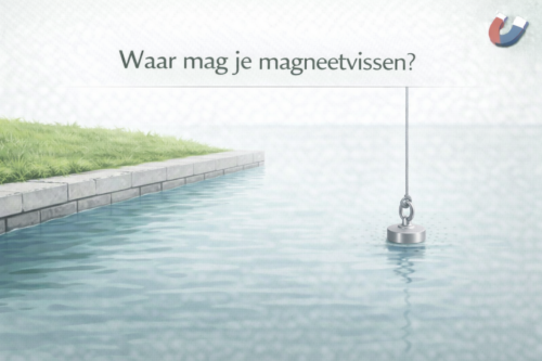 Illustratie van een magneetvishoek bij een oever en water om te laten zien waar je magneetvissen kunt beoefenen – MagneetjesWinkel.nl