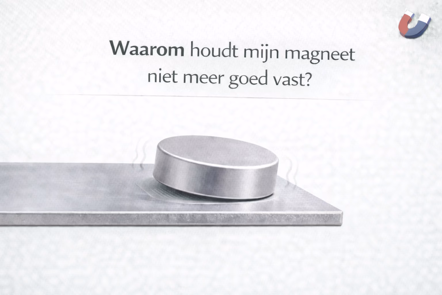 Illustratie van een magneet die net niet volledig vlak op een metalen oppervlak ligt om te laten zien waarom een magneet niet meer goed vasthecht – MagneetjesWinkel.nl