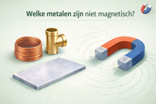 Illustratie van niet-magnetische metalen zoals aluminium, koper en messing naast een magneet – MagneetjesWinkel.nl