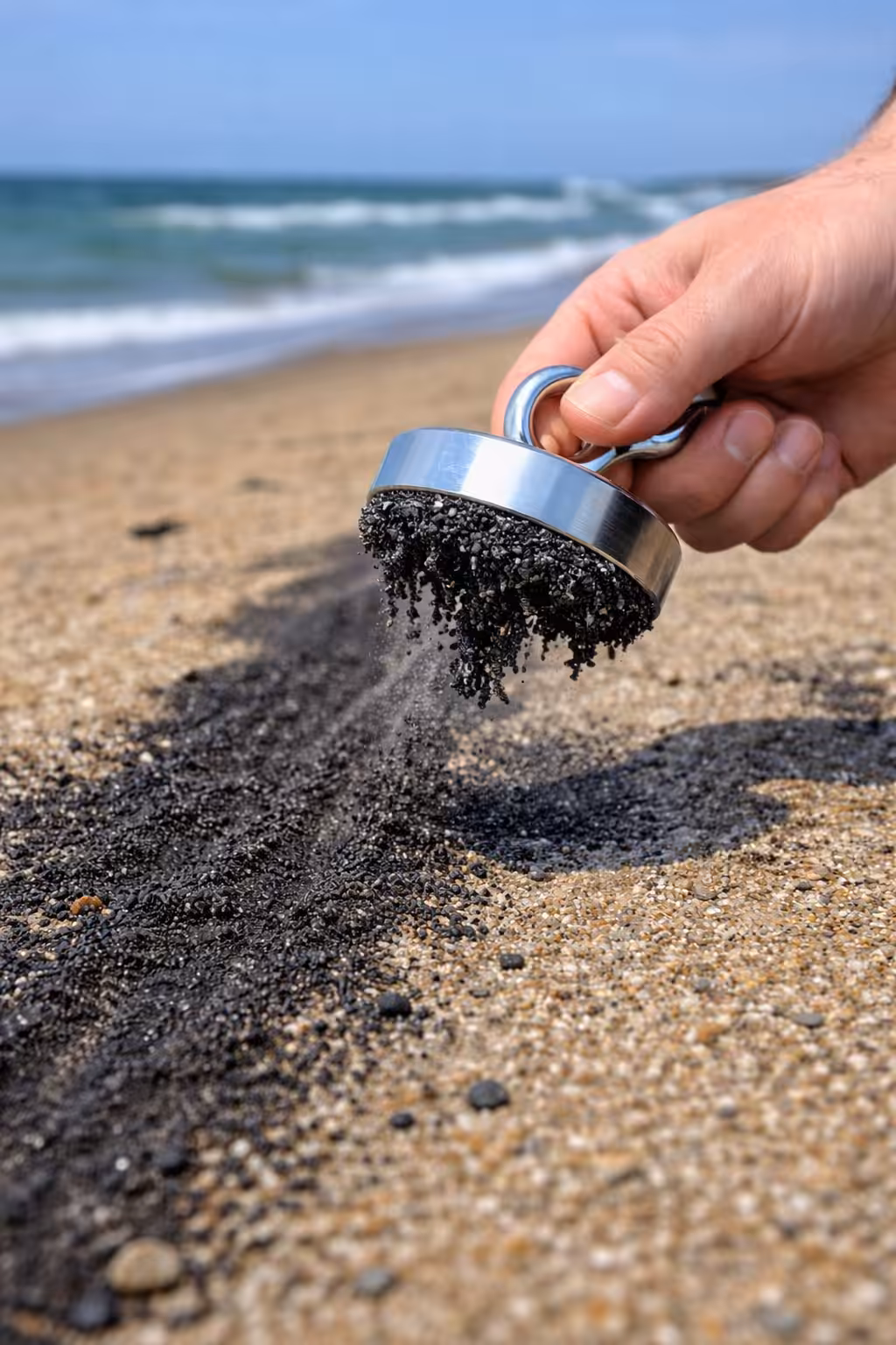 Sterke magneet trekt zwarte magnetietkorrels uit strandzand