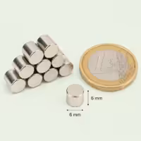 Neodymium Senseo vlotter magneet 6x6 mm naast euromunt voor formaatvergelijking van MagneetjesWinkel.nl