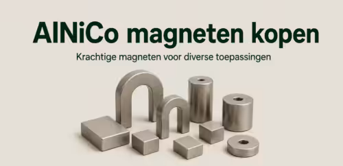 AlNiCo magneten in verschillende vormen, waaronder hoefijzer-, blok- en cilindermagneten op een rustige productafbeelding van MagneetjesWinkel.nl.