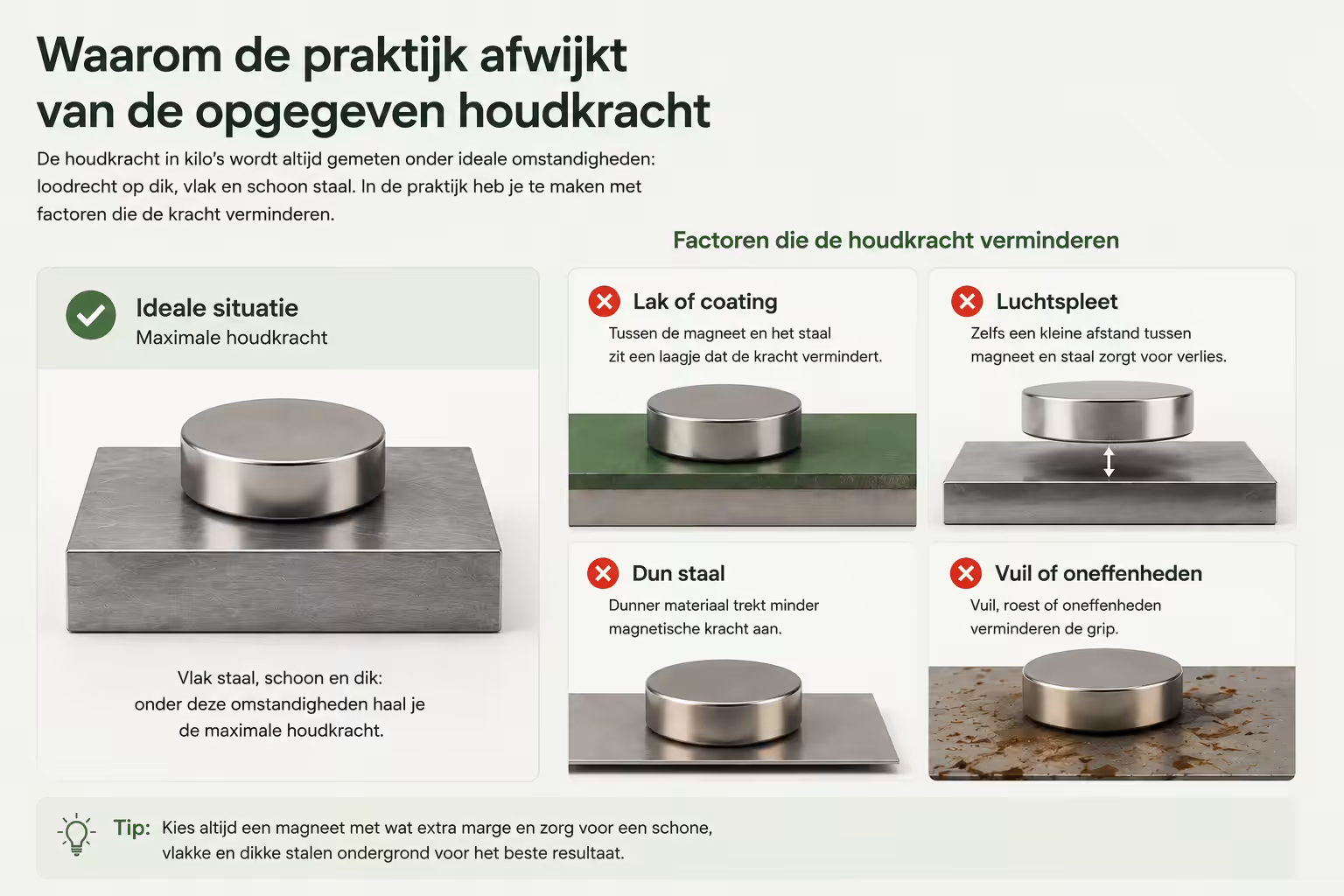 Illustratie die laat zien waarom de houdkracht van sterke magneten in de praktijk kan afwijken door lak, luchtspleet, dun staal en vervuiling van het stalen oppervlak.