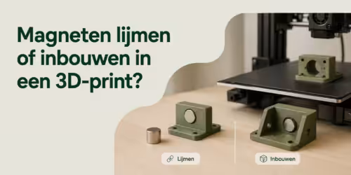 3D-geprinte onderdelen met ingebouwde en gelijmde neodymium magneten naast een 3D-printer