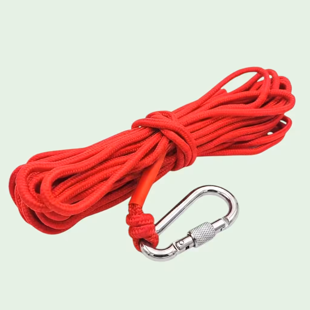 Rood touw voor magneetvissen van 9 meter met zilverkleurige karabijnhaak