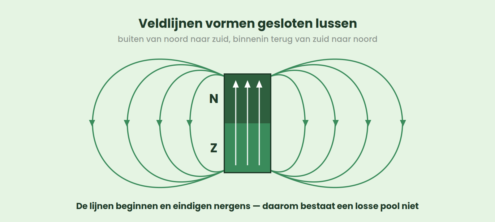 Staafmagneet met veldlijnen die buitenom van de noordpool naar de zuidpool lopen en binnendoor terug van zuid naar noord